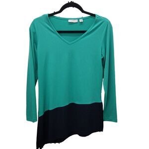 Susan Graver Womens Sz XXS Green Black Solid Long Sleeve Blouse